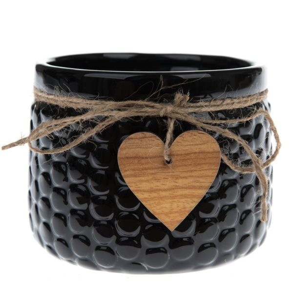 Keramický obal na kvetináč Wood heart čierna