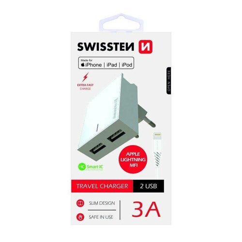 SWISSTEN Adaptér 230V/3A 2xUSB + MFI lightning kábel 1