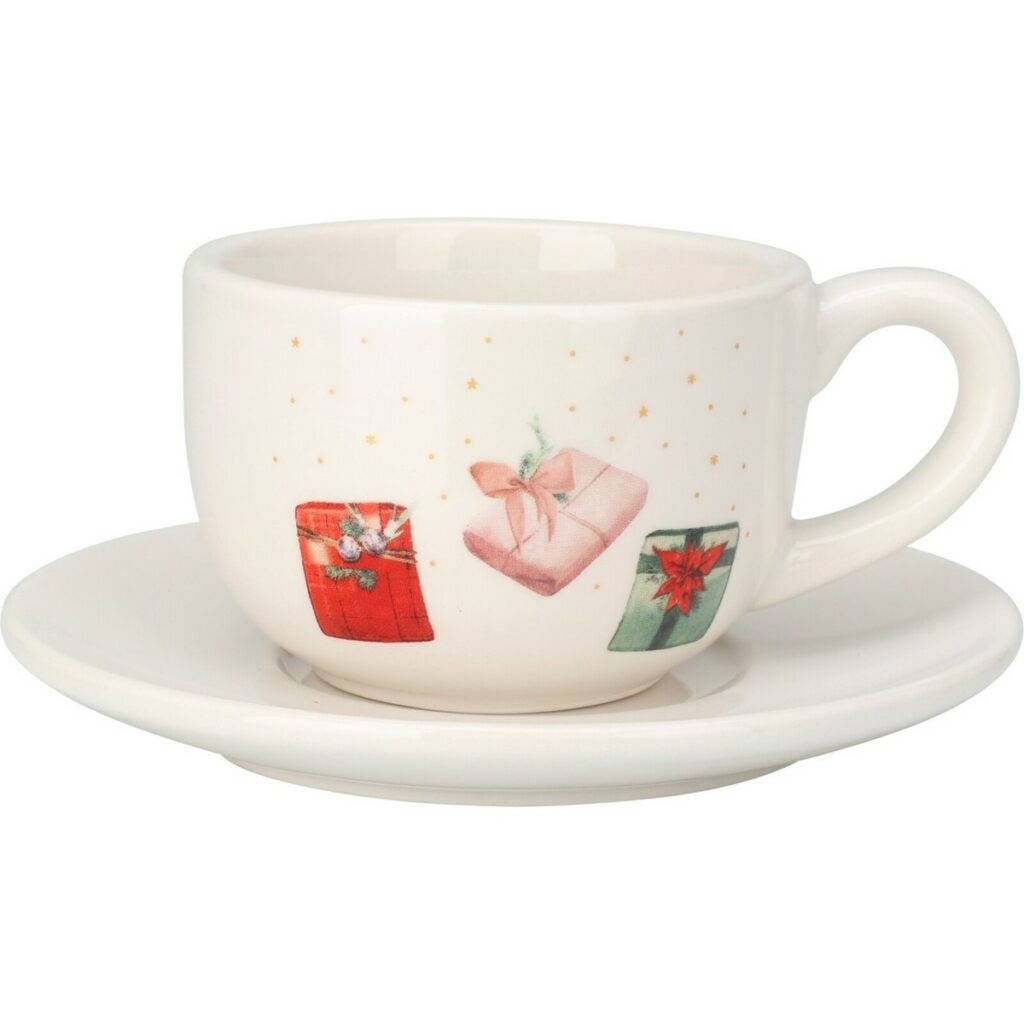 Vianočná porcelánová šálka s podšálkou Vianočné darčeky